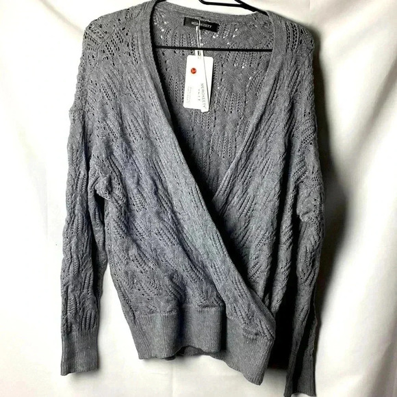 NWT MEROKEETY WO SIZE LARGE GRAY FAUX WRAP SWEATER OPEN WEAVE DESIGN SOFT - Picture 1 of 11